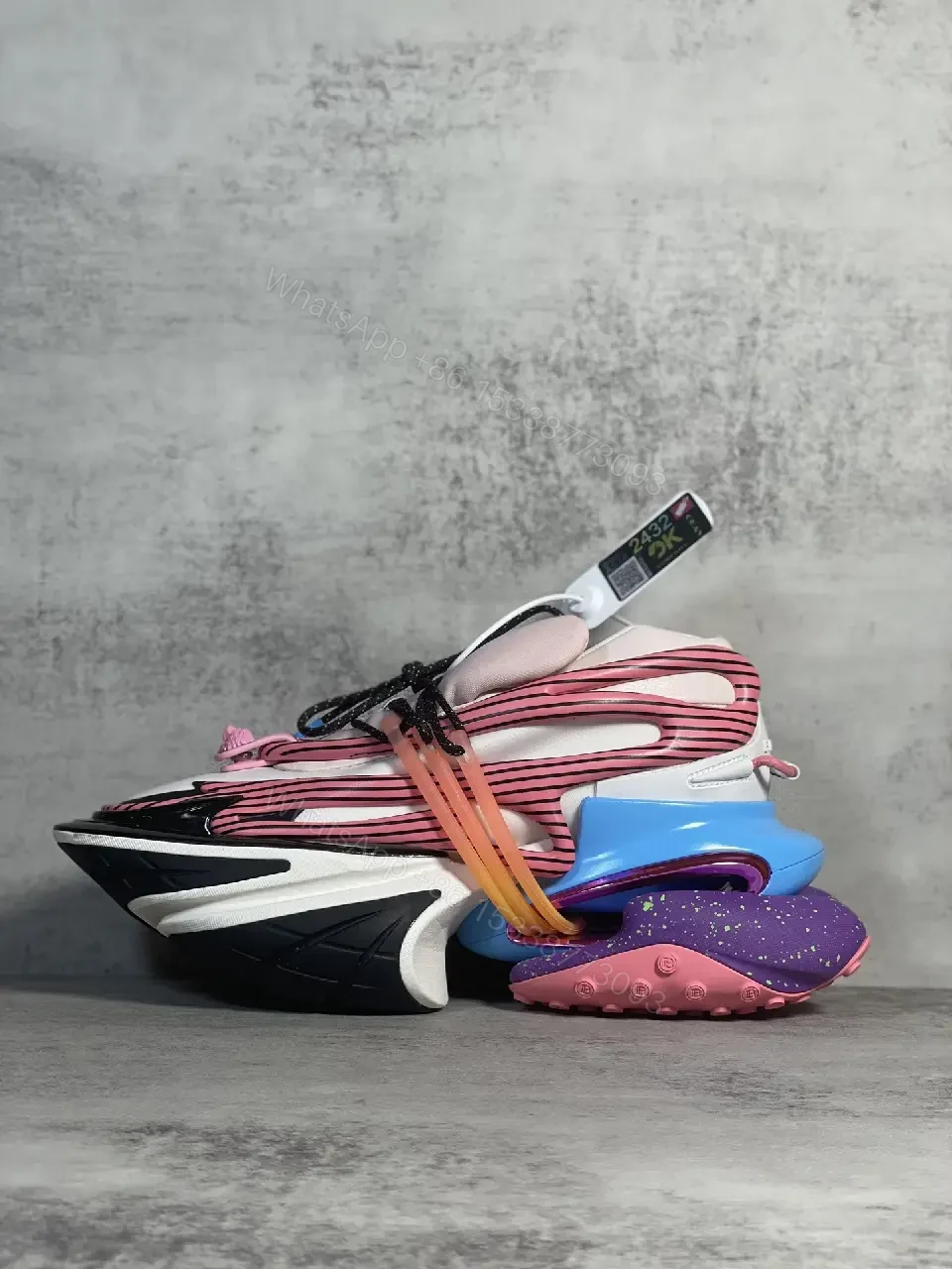 View 7 of pink white black striped leather and mesh sneaker for everyday luxury