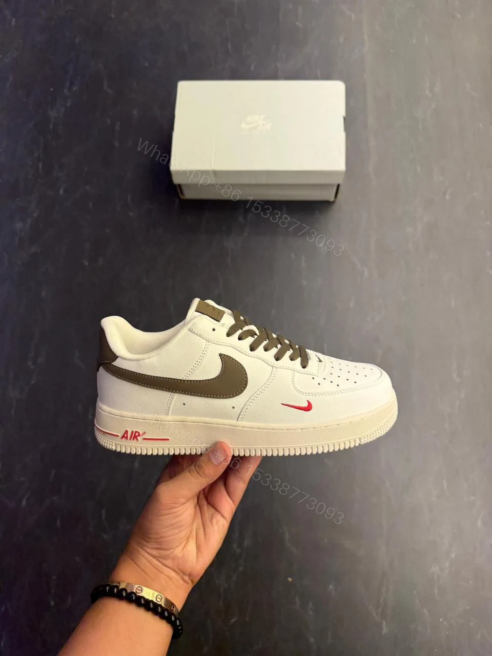 First Copy Nike Air Force 1 White Sneakers with Brown Swoosh — view 1