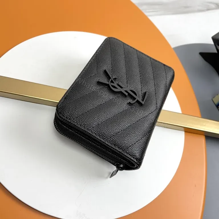 View 4 of Compact Luxe Wallet â€” Chevron Texture with YSL Hardware (Black)