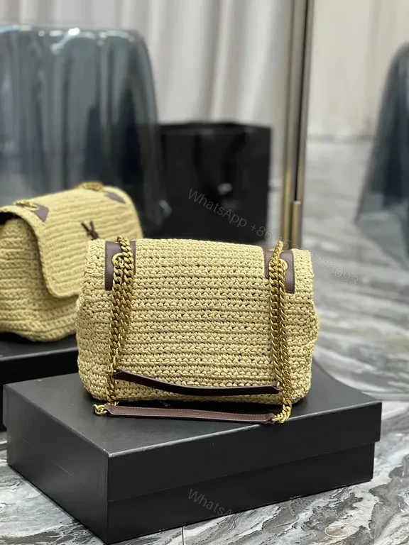 View 9 of Neutral Raffia Chain Bag: YSL-Emblem Luxe Crossbody Bag