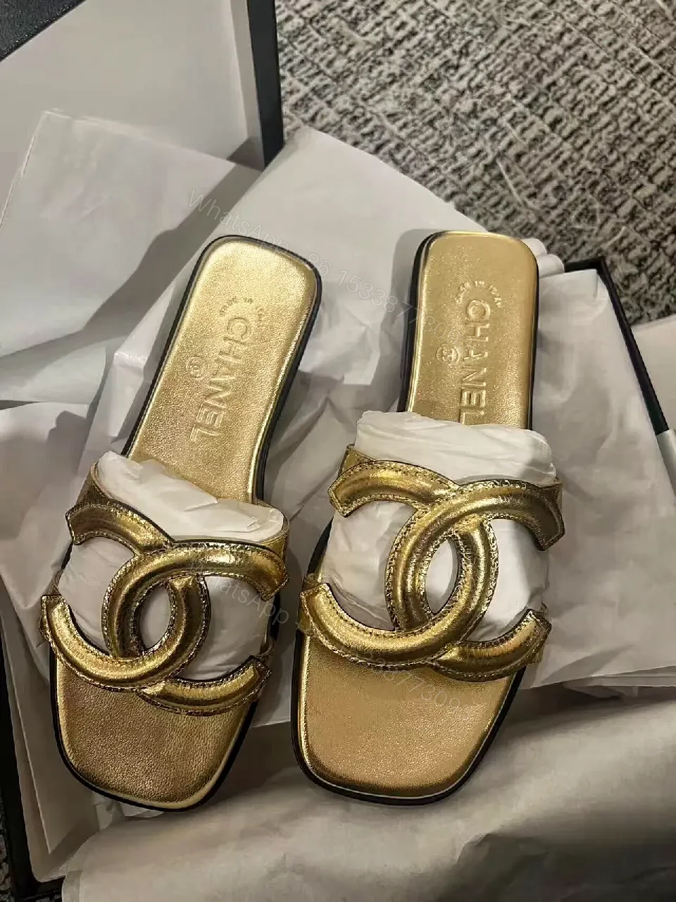 View 7 of Gold Leather Chanel-Style Chain Sandals