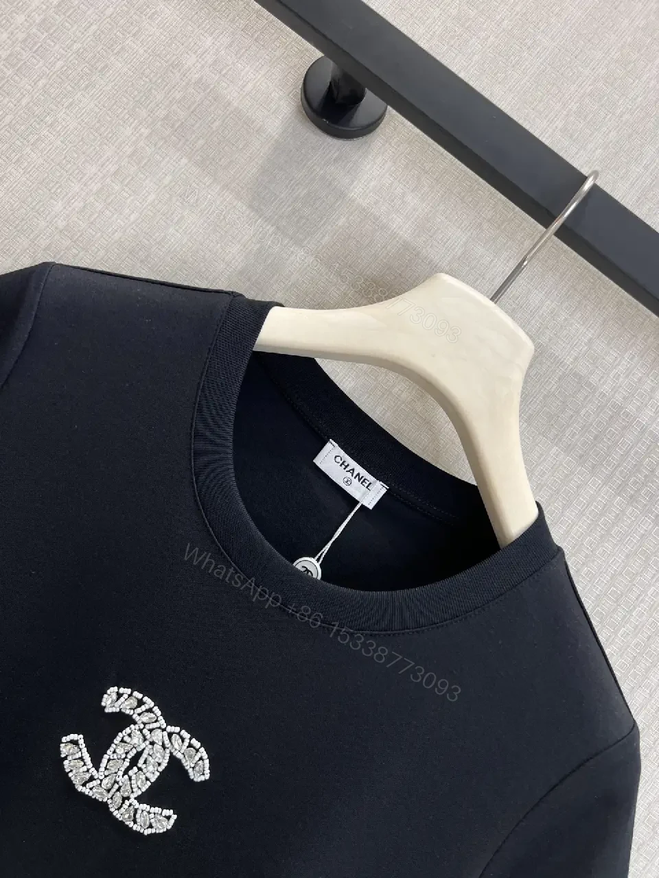 View 6 of Black Cotton T-Shirt with Embroidered Logo Chanel Style Tee