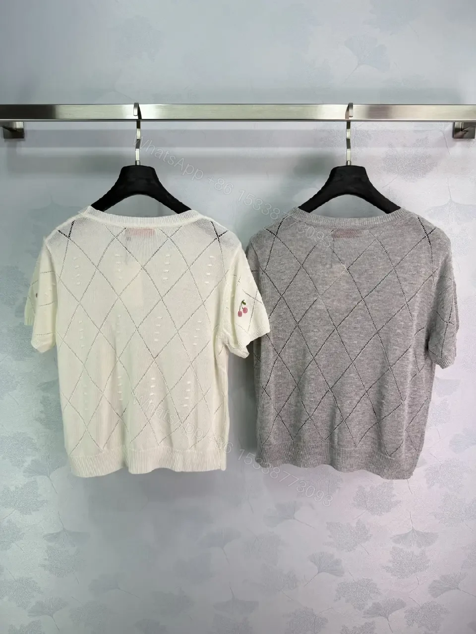 View 6 of Cream/Light Heather Knit V-Neck Cropped Argyle Diamond Top