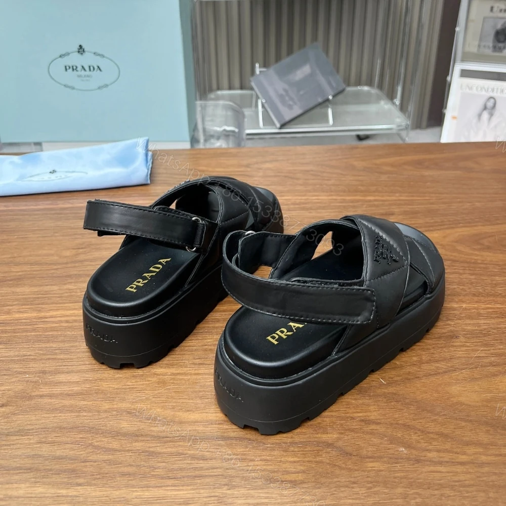 View 3 of PRADA NAPPA LEATHER CRISSCROSS FLATFORM SANDALS BLACK 1XZ777 038 F0002 F 045