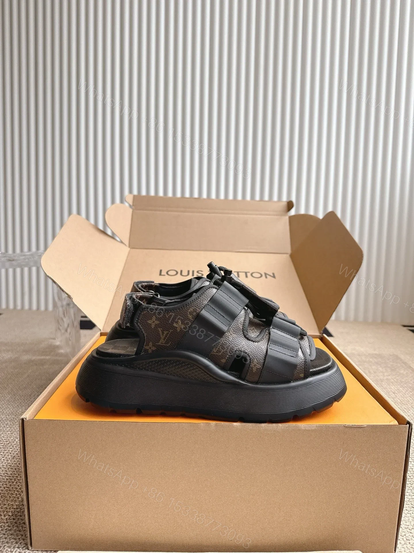 View 5 of LV Women Brown Leather Patterned Sandals