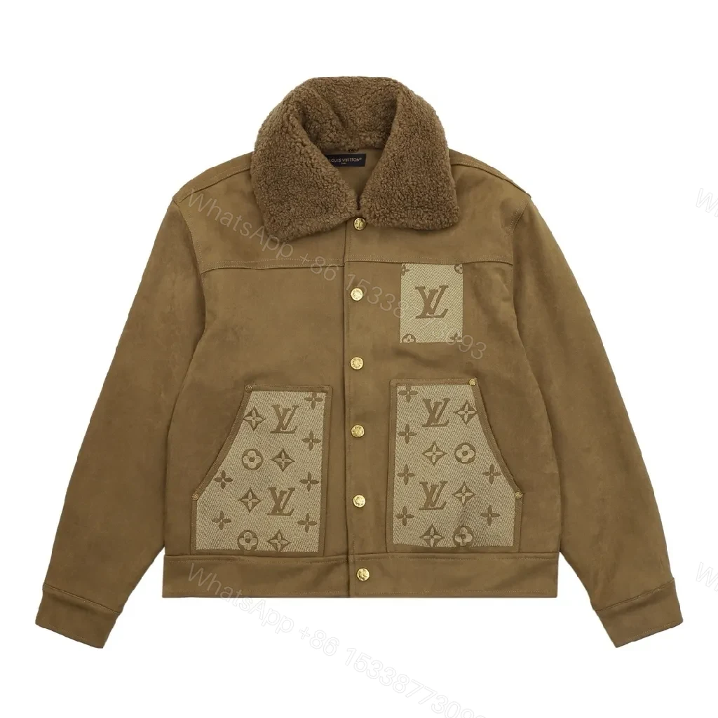 Brown Suede Jacket with Shearling Collar & Monogram Panels - Luxe Streetwear Jacket — view 1