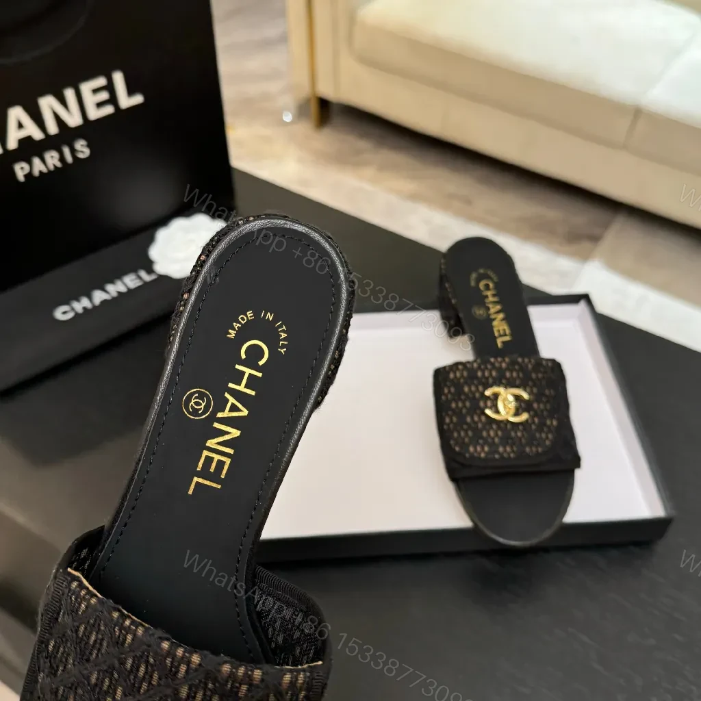 View 7 of Chic Knit-Texture Black Slip-Ons with Gold Hardware