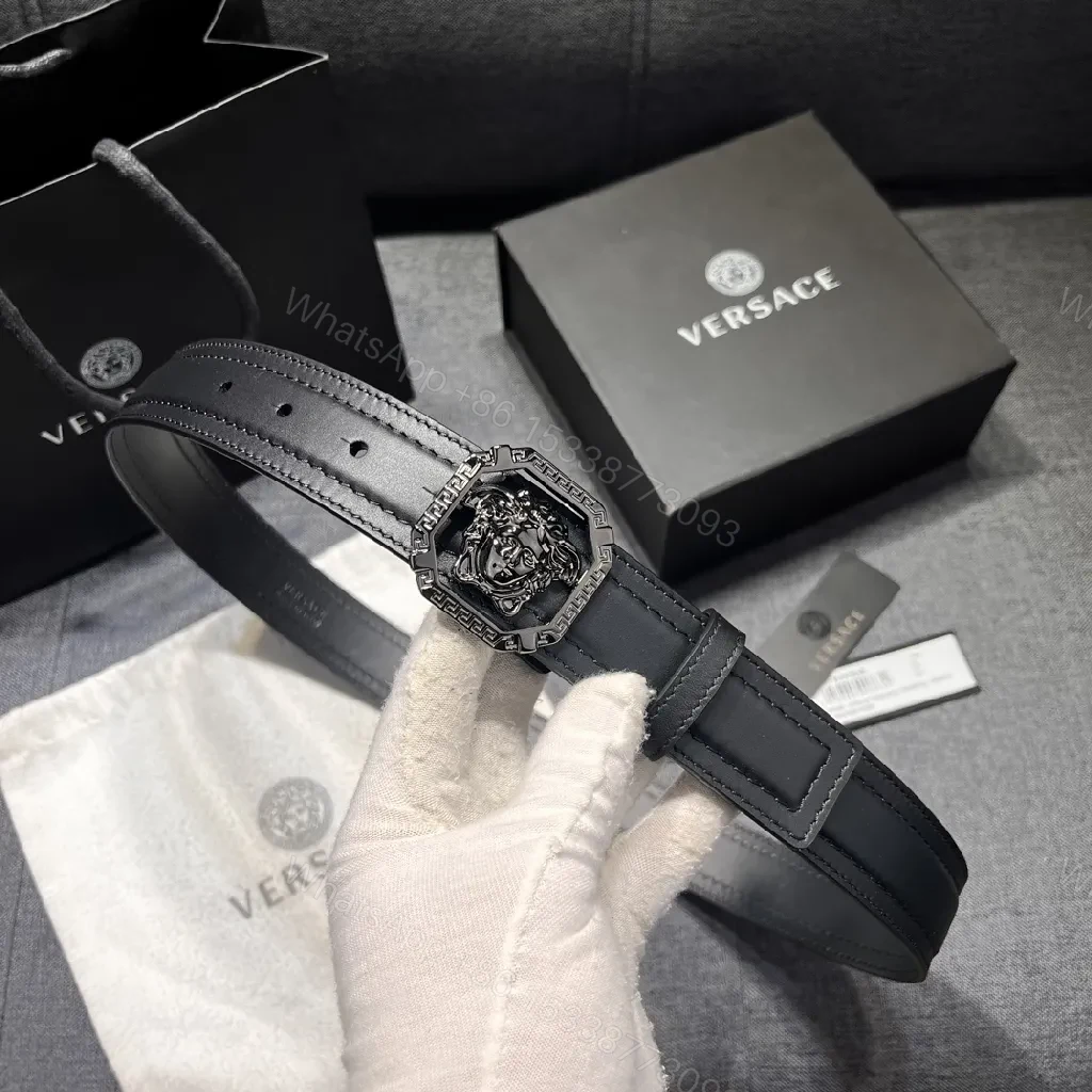 View 3 of Bold Black Leather Belt with Medusa Buckle - Modern Geometric Design