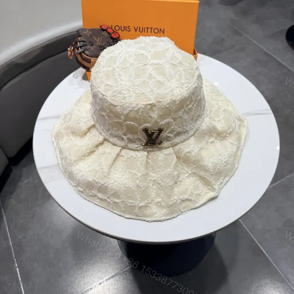 View 8 of Cream Lace Bucket Hat with Gold Accent Emblem, Ivory Crown Hat