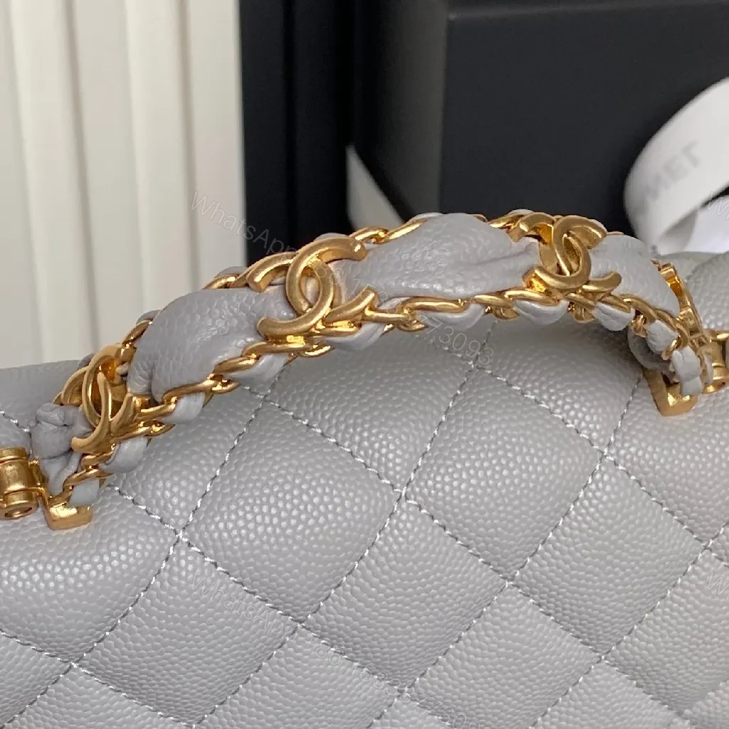 View 8 of Quilted Mini Flap Bag - Gold Chain, Grey Lambskin Leather