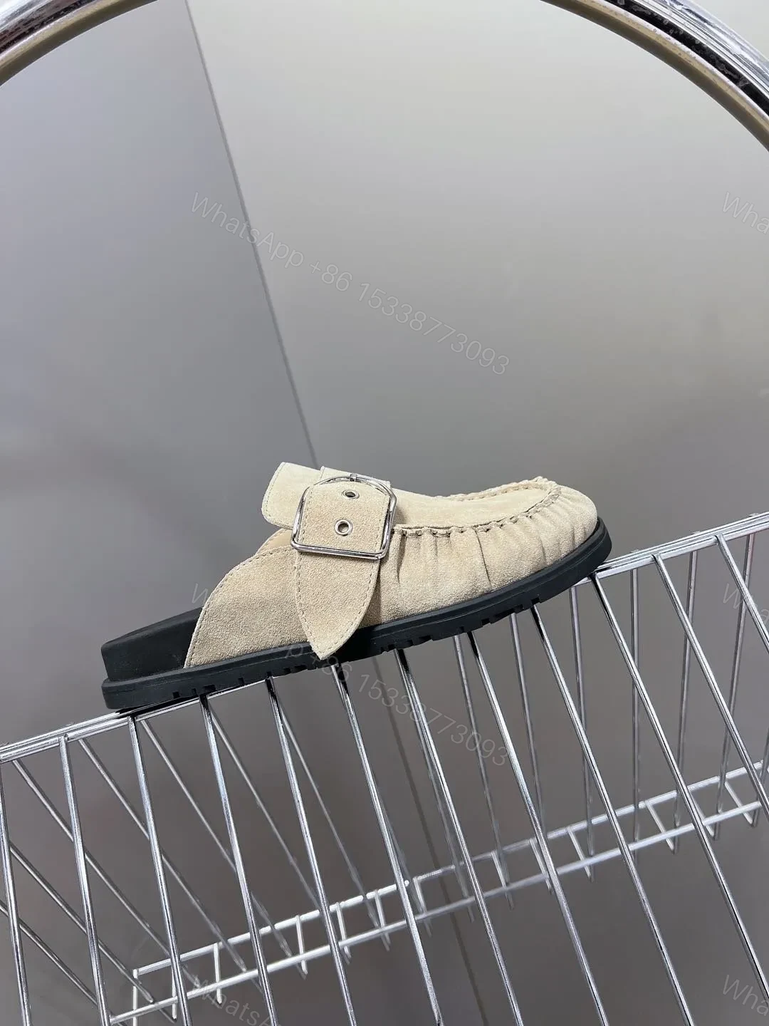 View 2 of Hermes Women Beige Suede Buckle Mules