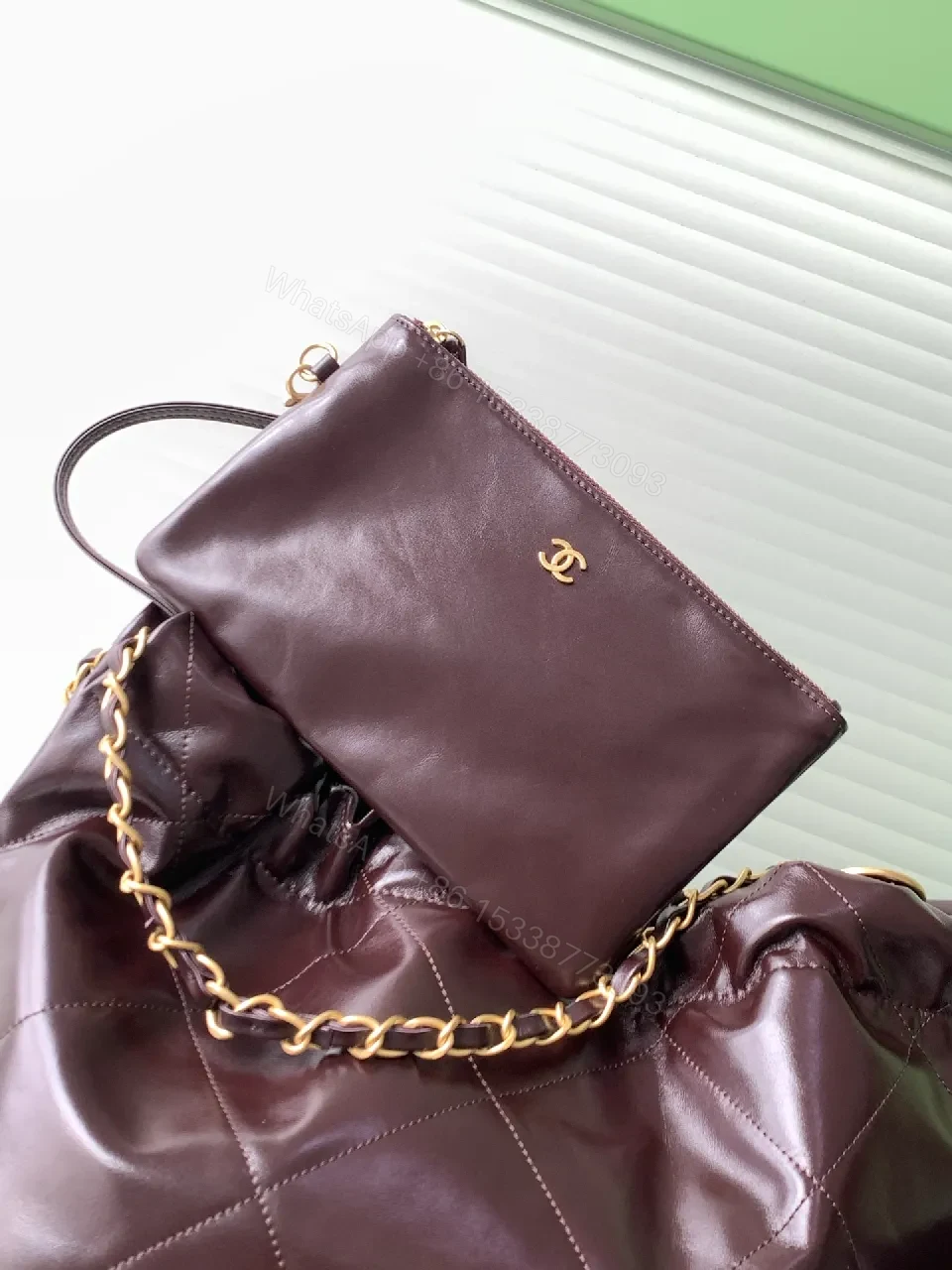 View 4 of Dark-Chocolate Quilted Tote with Gold Chain Bag
