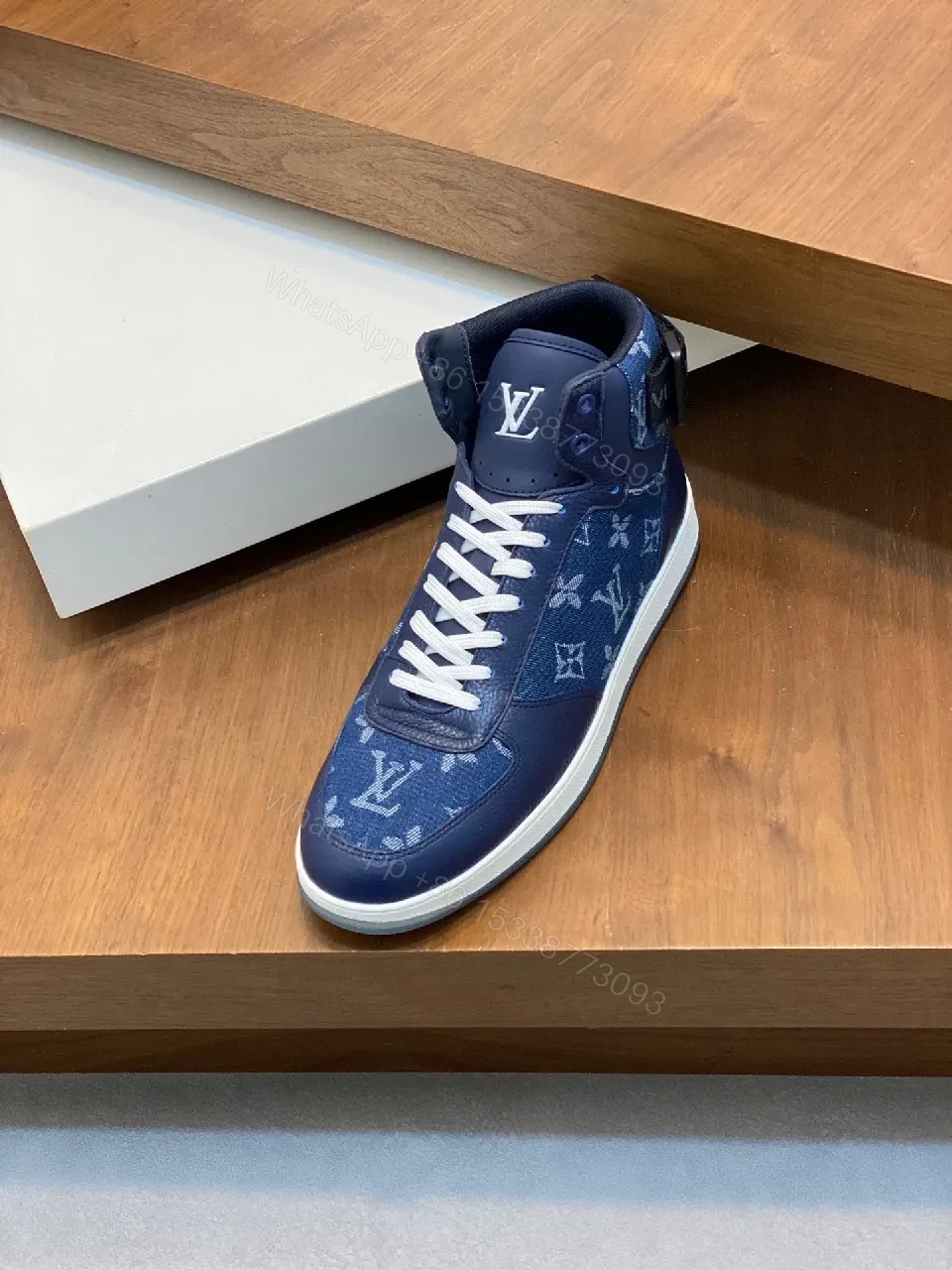 View 9 of Blue Patchwork Leather-Textile High-Top Sneakers with Monogram Feature