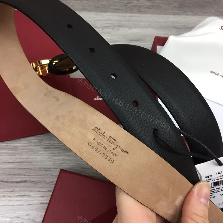 View 3 of Gold Buckle Leather Belt â€” Luxury Pebble-Grain, Ferragamo-Inspired