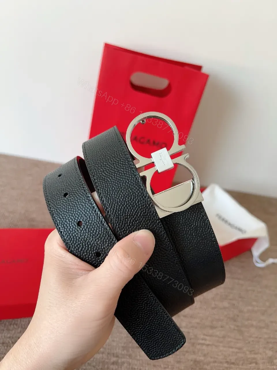 View 3 of Two-Tone Leather Belt with Interlock Buckle – Luxury Everyday Style
