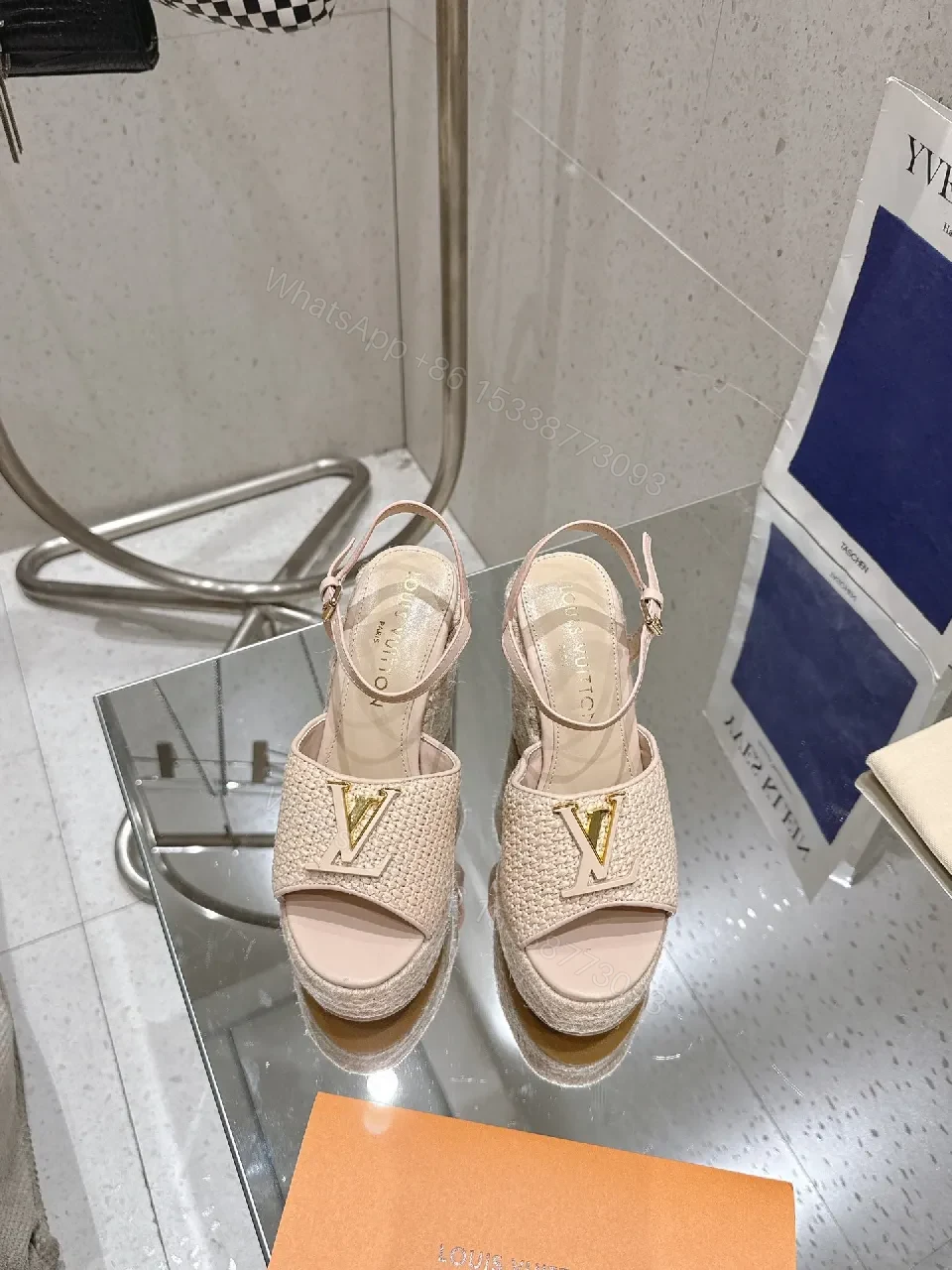 View 7 of Beige Wedge Espadrille Sandals with Gold Detail - Elevated Comfort