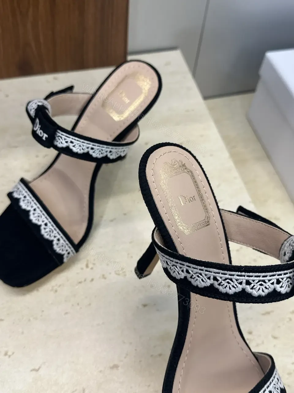 View 8 of Black Patent Lace-Trim Sandals with Dior Band, Open-Toe Heels