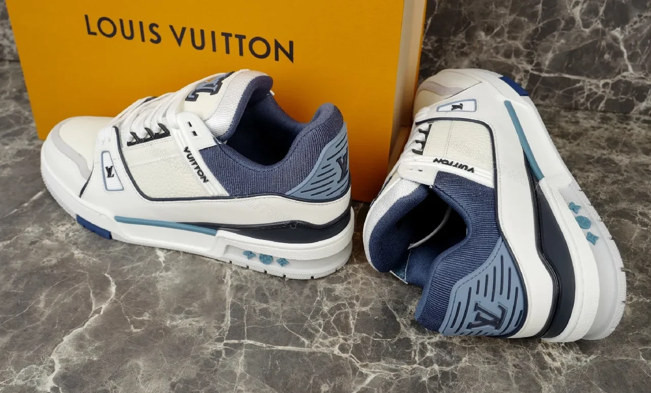 View 3 of Bright White Navy Lux Sneaker: Modern Comfort & Subtle LV-Inspired Details
