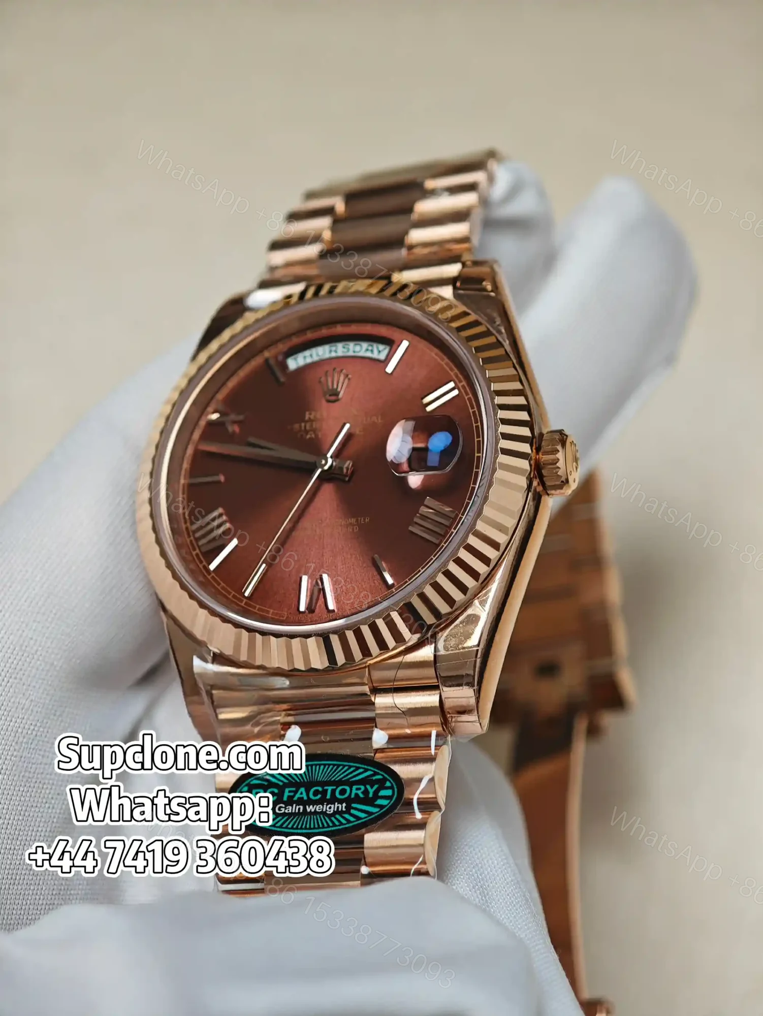 View 2 of Rolex Day-Date 40mm Rose Gold Brown Roman Dial – Super Clone 1:1 Cal. 3255