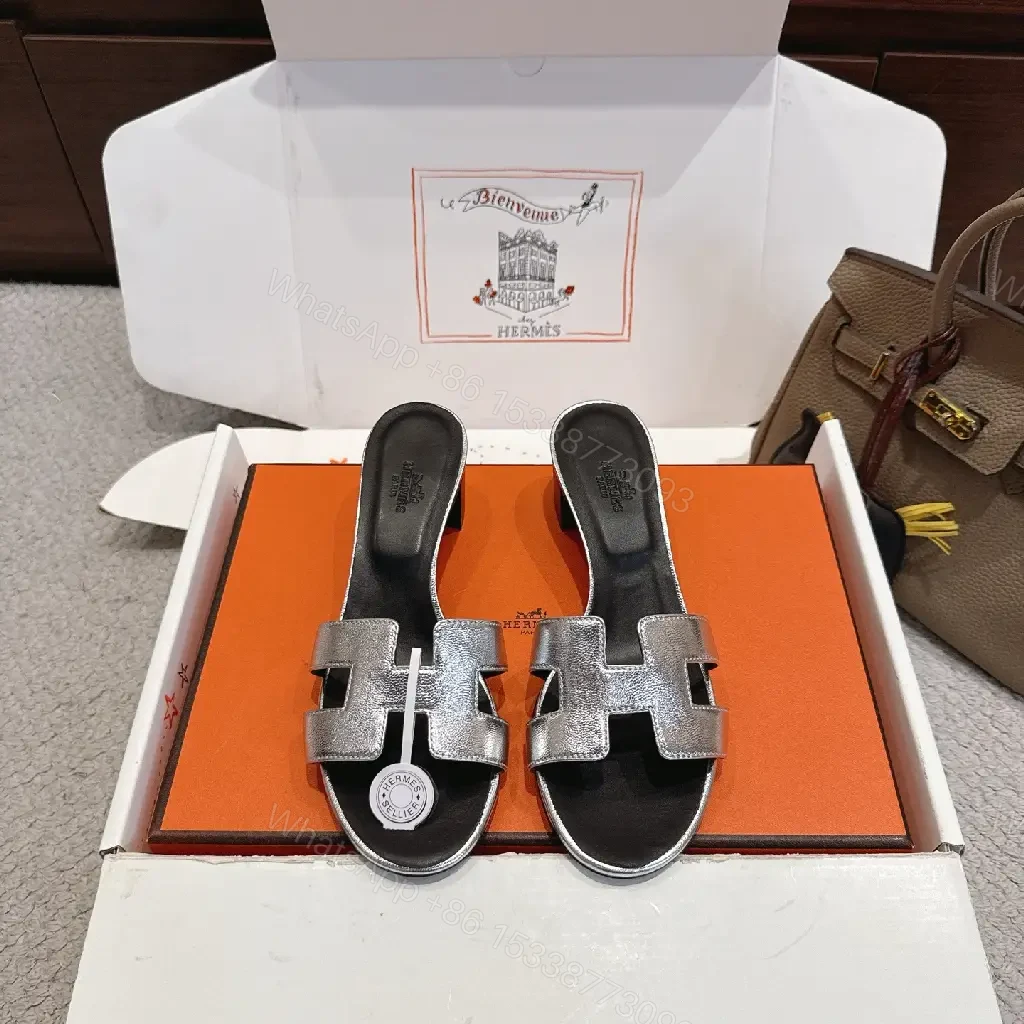 View 9 of Silver Metallic H-style Strap Sandals - Hermes Inspired Slide