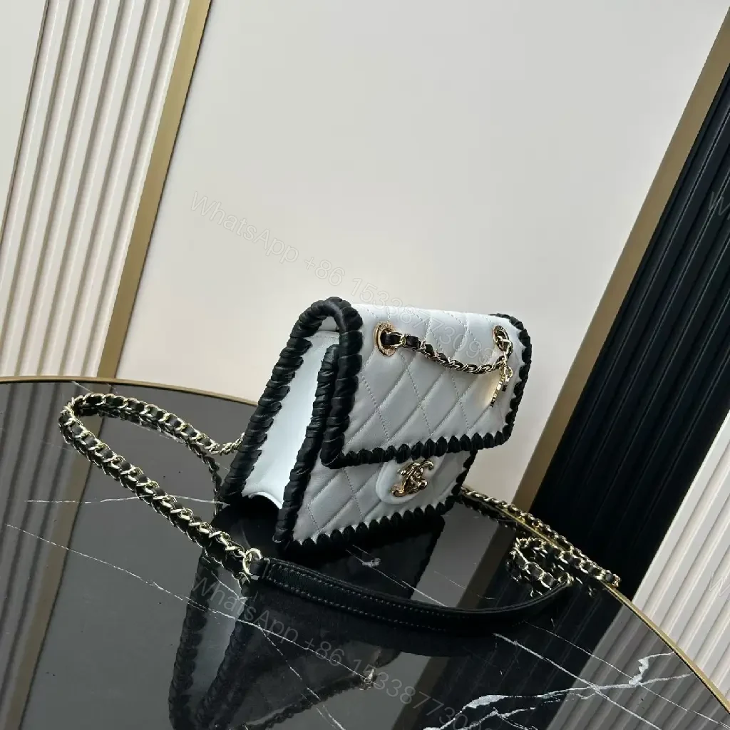 View 8 of White Leather Quilted Flap Bag with Chain Trim, Gold Logo