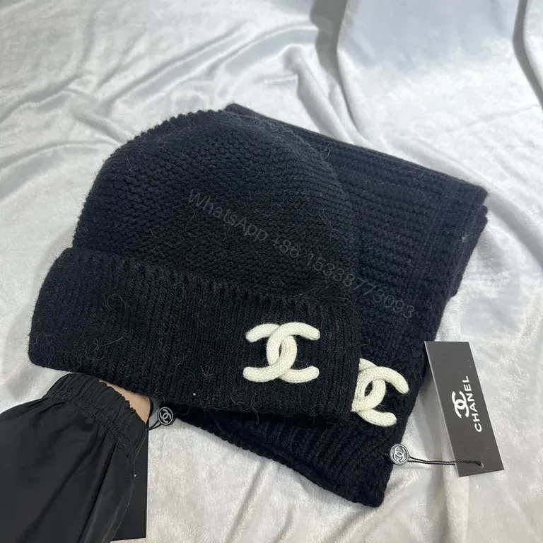 View 3 of Taupe Luxury Knit Set: Chanel-Accent Beanie & Scarf