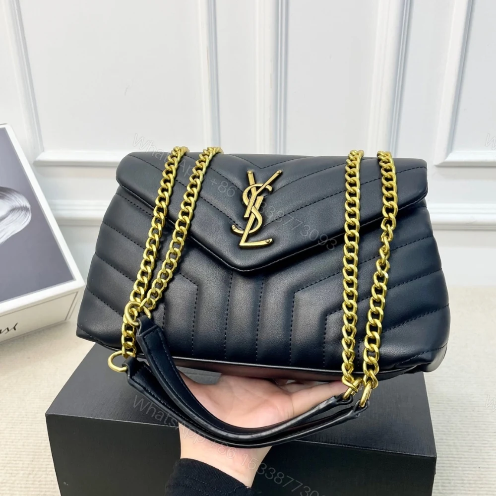 View 3 of Saint Laurent Loulou Medium Chain Bag In Matelassé Y Black Gold 26Cm