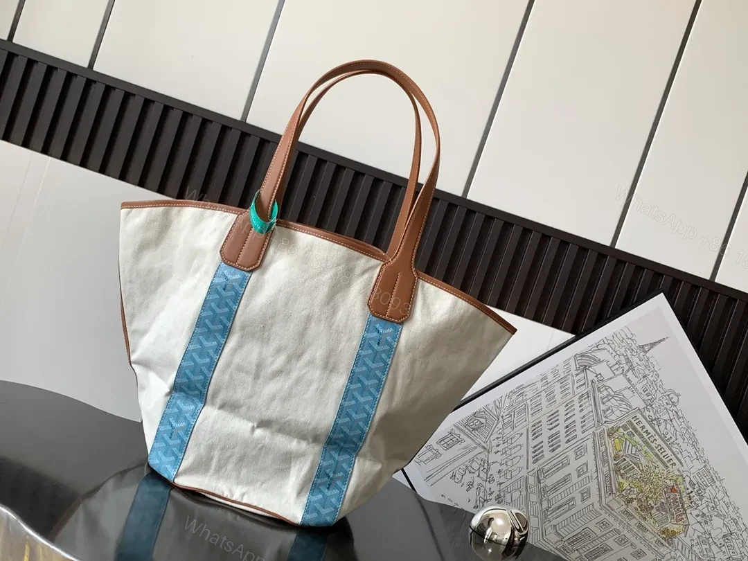 View 6 of Canvas Tote: Signature Stripes, Cognac Handles, Everyday Luxury