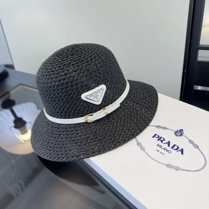 Black Straw Weave Fedora Hat with White Band, Gold Hardware, Prada Logo — view 1