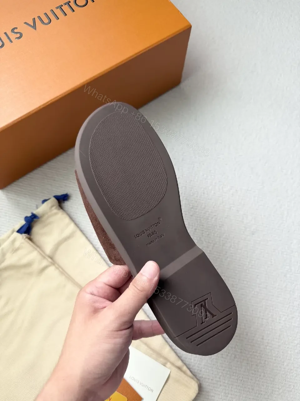 View 5 of Textured Suede Slide with LV Detailing