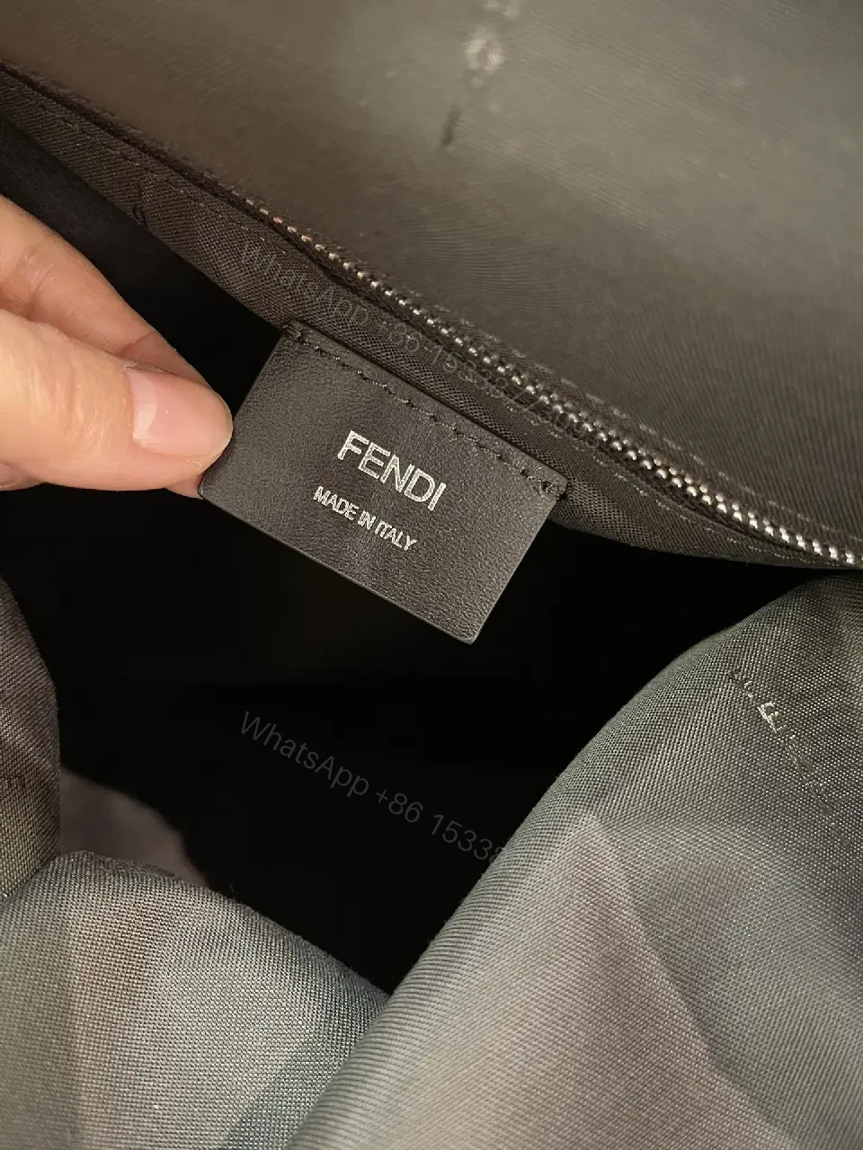 View 9 of Brown/Olive Modern Backpack with Fendi Monogram, Leather Accents, Gray Flap
