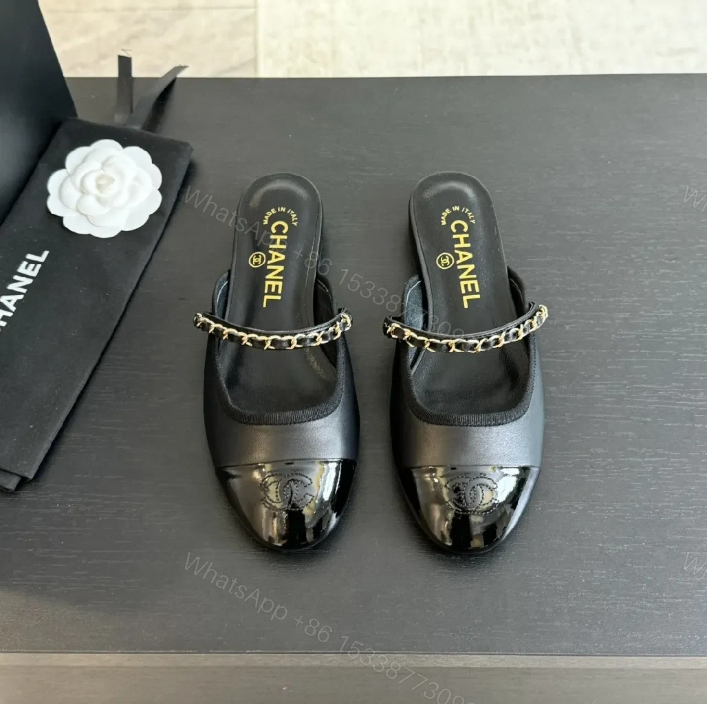 Black Leather Slide Mules with Chain Detail - Luxe Casual Calm — view 1