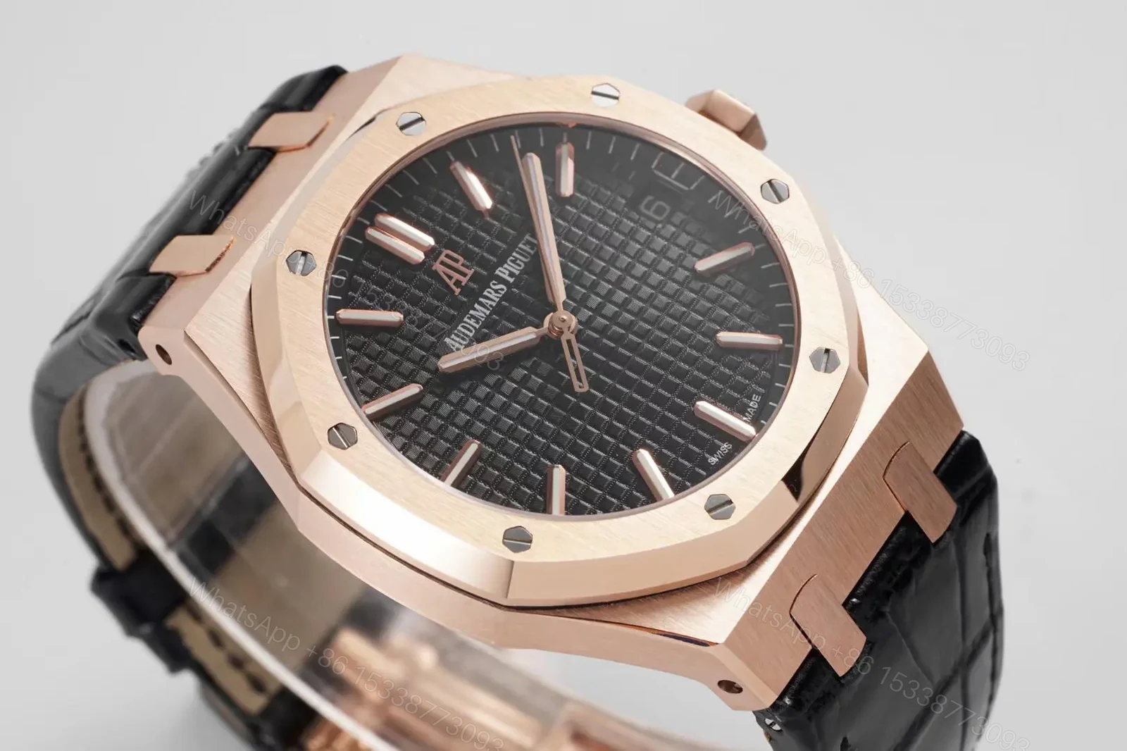View 2 of BF Factory Audemars Piguet Royal Oak 15500 Rose Gold Black Dial Black Leather Strap Watch