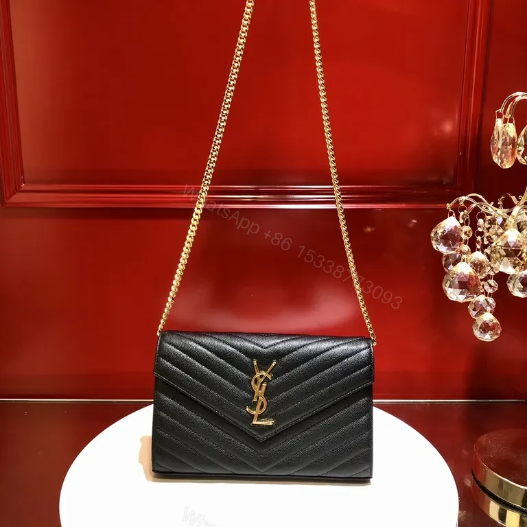 View 5 of Black Leather Chevron Clutch with Gold YSL Emblem - Luxury Evening Bag