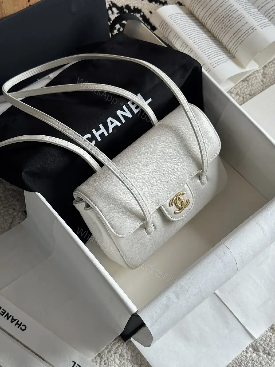 View 6 of White Pebbled Leather Crossbody Bag - Compact Structured Flap with CC Clasp