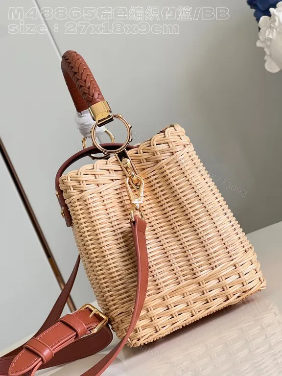 View 8 of Chic Straw Handbag with Leather Trim and LV Emblem