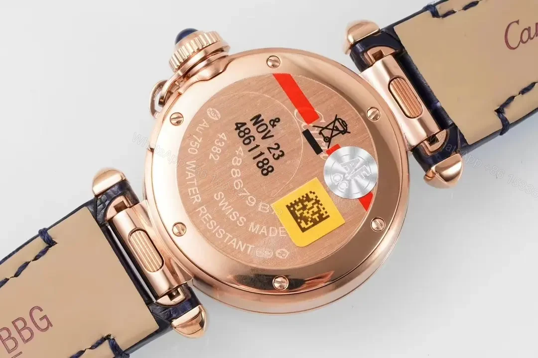 View 5 of GS Factory Cartier Pasha de Cartier Women’s Watch, 30mm Rose Gold Case with Diamond Bezel, Blue Leather Strap, Quick Change Feature