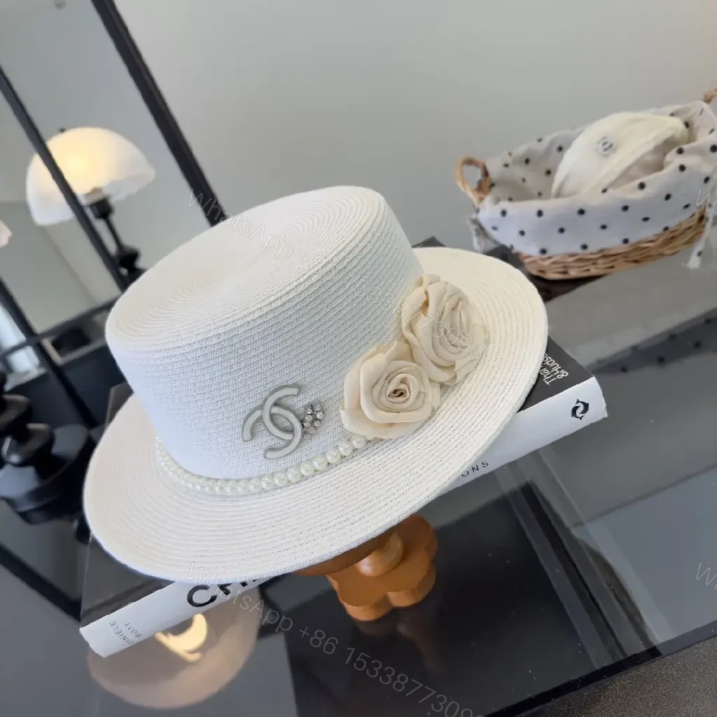 View 2 of White Straw Hat, Elegant Chic Fedora, Pearl Band, Roses, Chanel Charm, Wide-Brimmed Hat