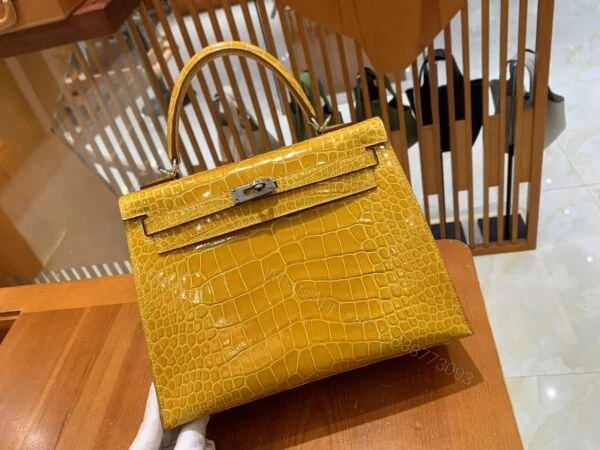 View 2 of Hermes Kelly bag 25 Sellier Jaune ambre Genuine Alligator Crocodile skin Gold hardware