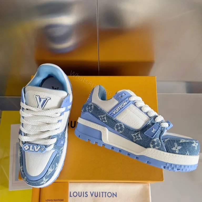 View 2 of Louis V Luxe High-Top Sneakers: Light-Blue Leather with LV Details