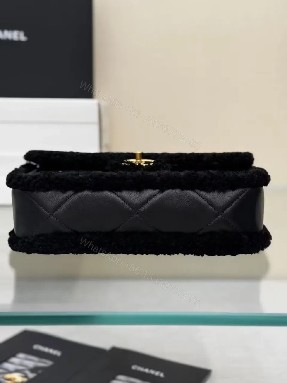 View 4 of Lux Black Shearling Clutch with Gold Logo