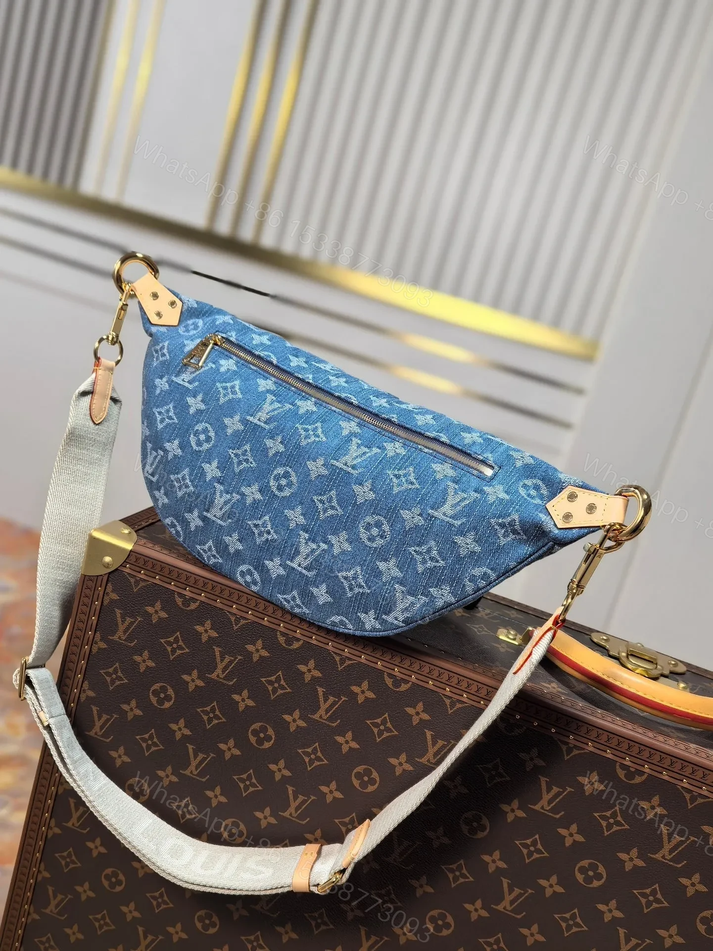 View 2 of LV 25S BUMBAG 38 IN BLUE MONOGRAM DENIM LEATHER TRIM GOLD HARDWARE