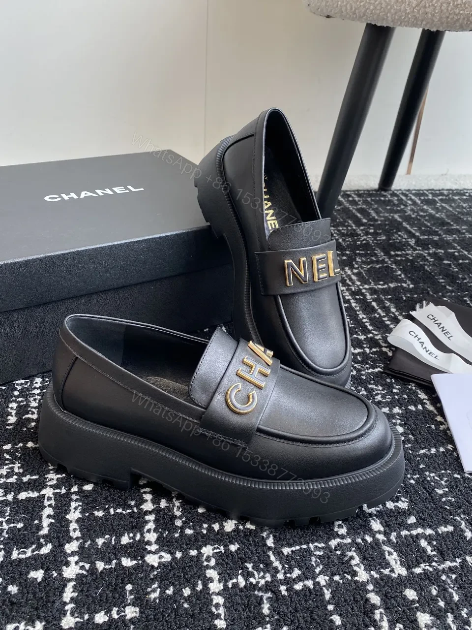 Black Leather Loafers with Oversized Gold Logo, Luxe-Edged, Slip-On Shoes — view 1