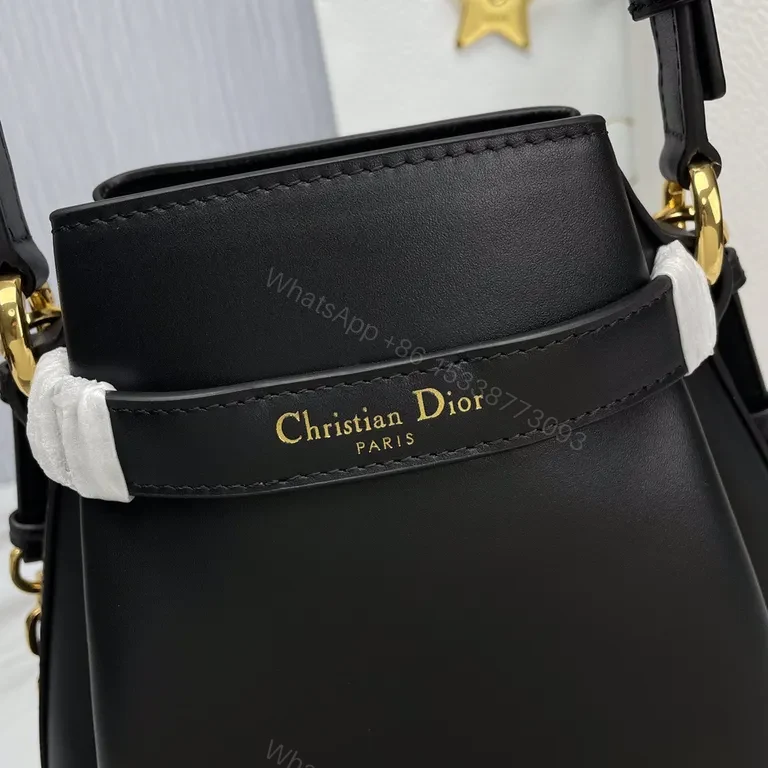 View 5 of Lux Black Leather Bucket Bag with Gold Hardware - Dior-Inspired Elevation