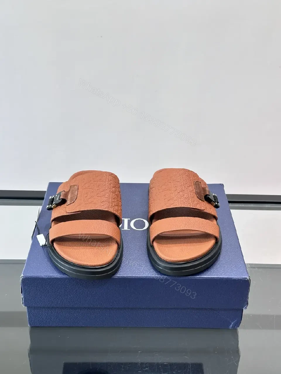 View 5 of Brown Leather Sandals Dior Embossed Classic Slide Buckle Strap Sandals