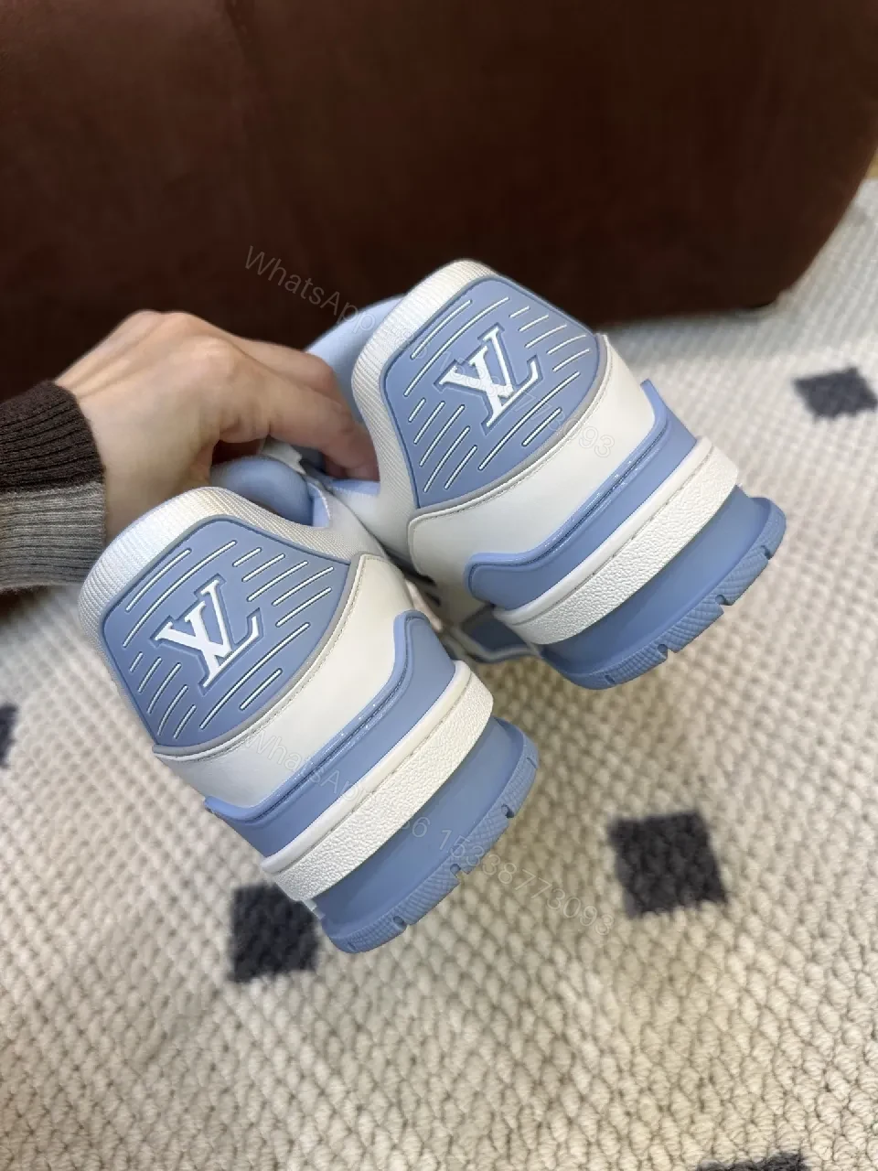 View 2 of Light-Blue Perforated Panels Modern Low-Top Sneakers with LV-Inspired Accents