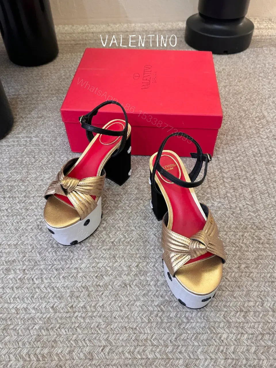 View 2 of Gold Satin Platform Sandal Valentino Style Clutch Block Heel
