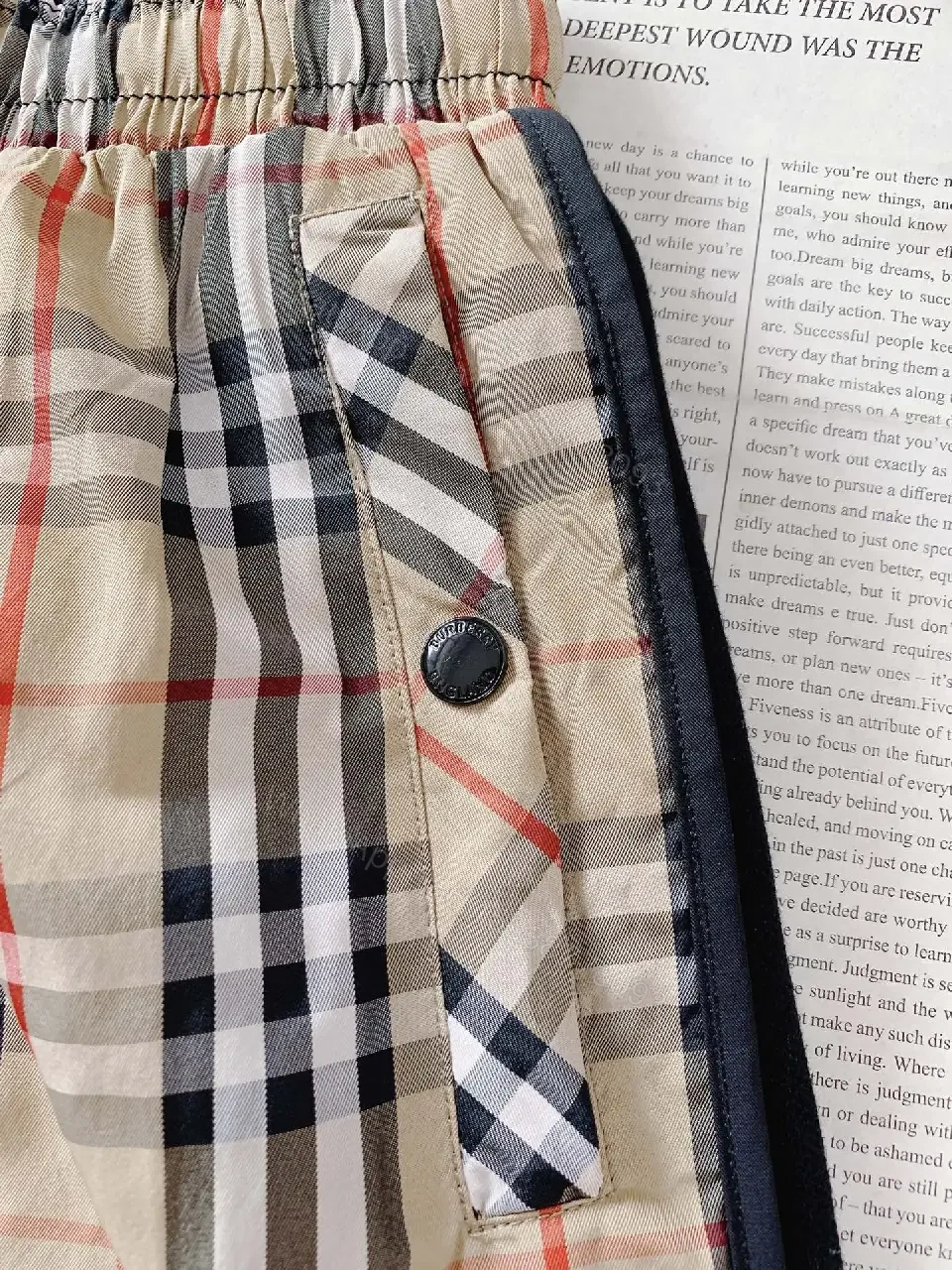 View 5 of Beige Plaid Cotton Sport Shorts with Pockets
