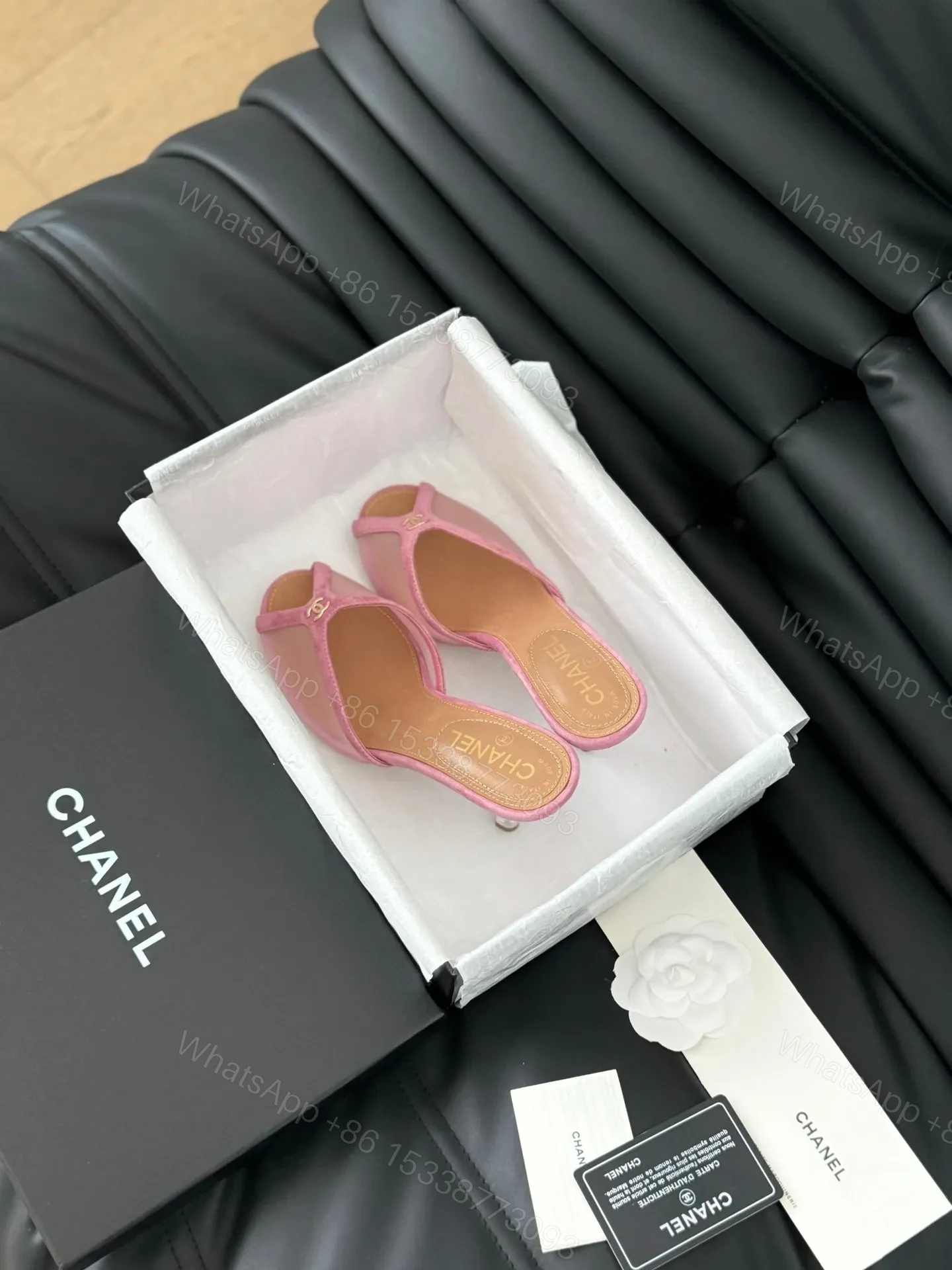 Chanel Women Pink Leather Kitten Heel Mules — view 1
