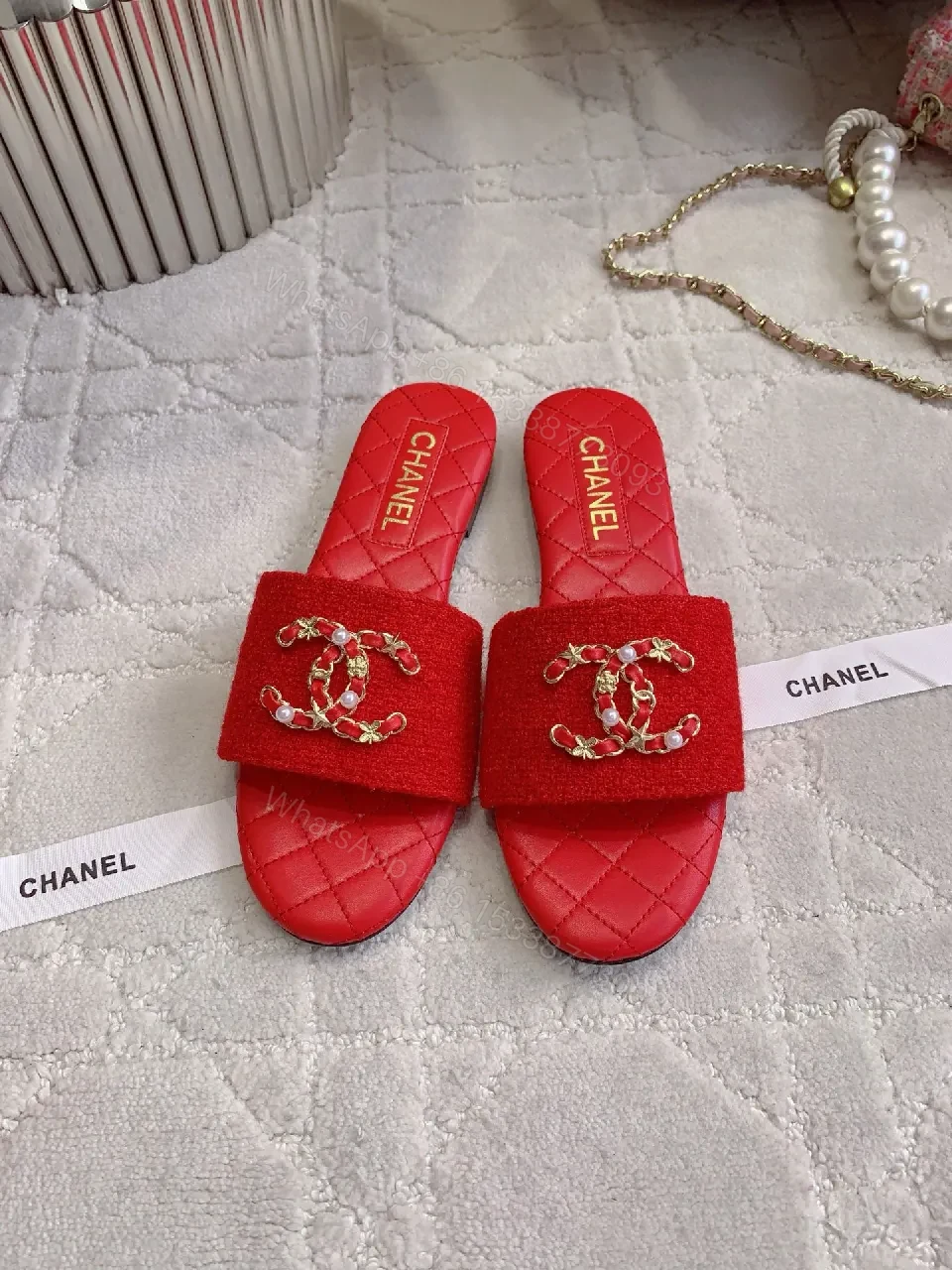 View 7 of Red Textured Slides with Logo Straps, Luxury Chic Slip-Ons